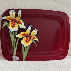 Jan Mitchell fused glass Iris on Red Platter Virgin Islands  11.5" x 15.5"
